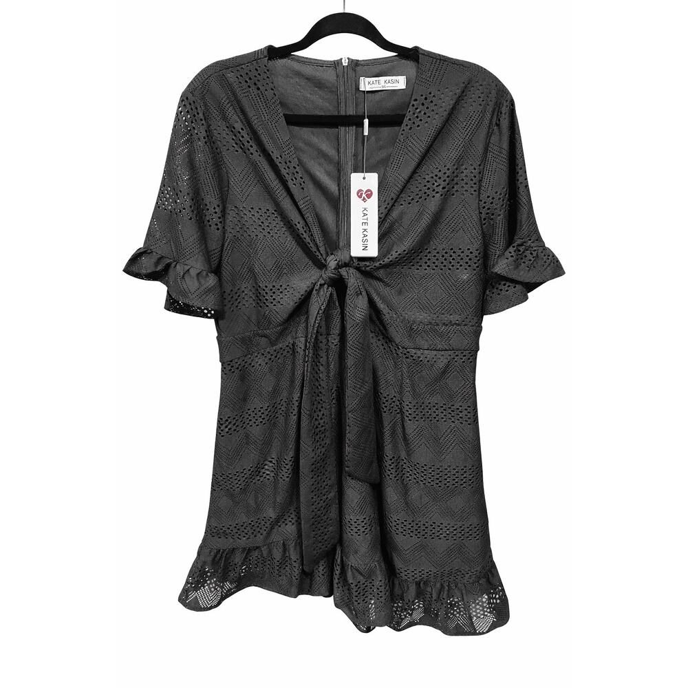 Kate Kasin 2XL NWT Black Eyelet Tie Front Dress Ruffle Hem Goth Vamp Coquette